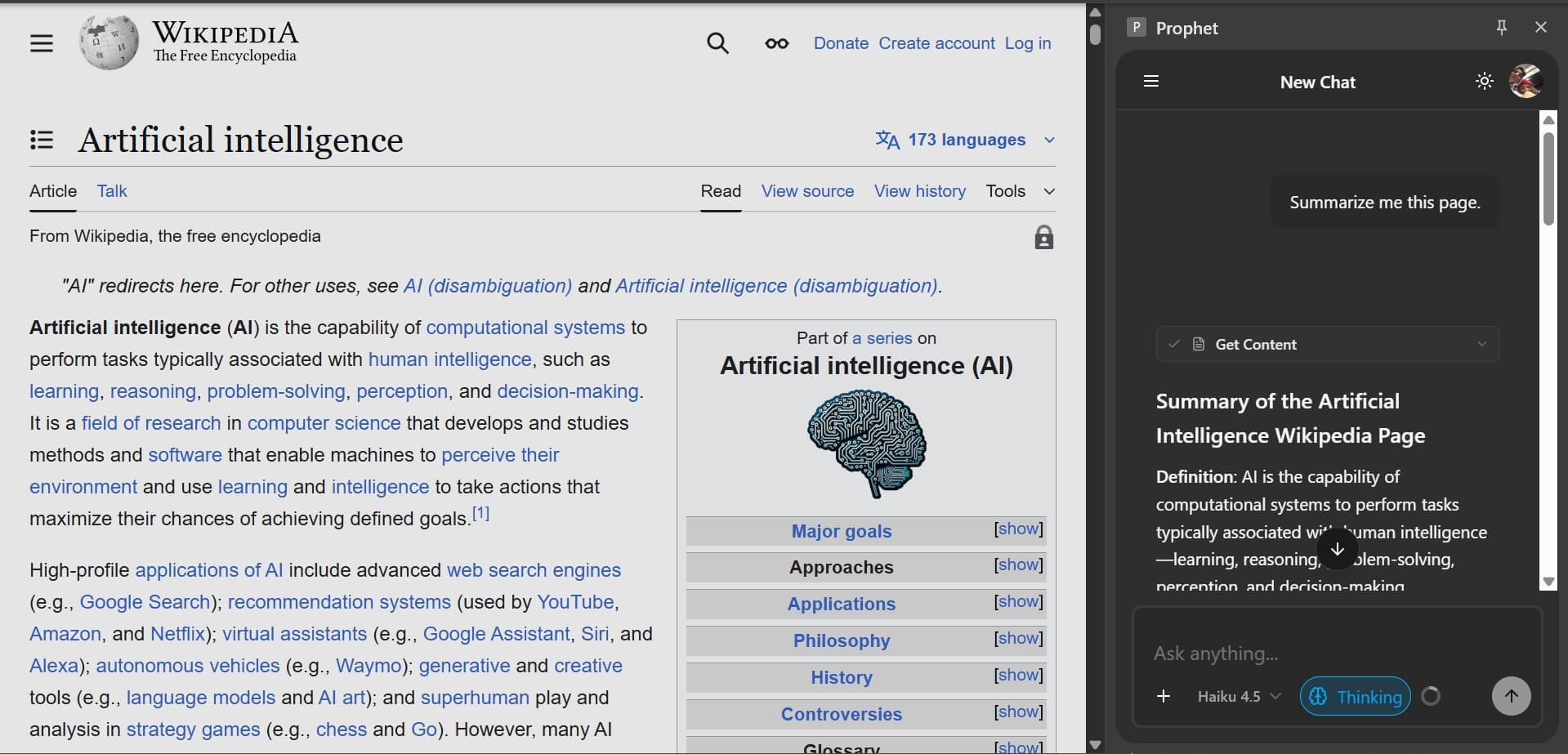 Prophet - AI-powered Chrome extension in action